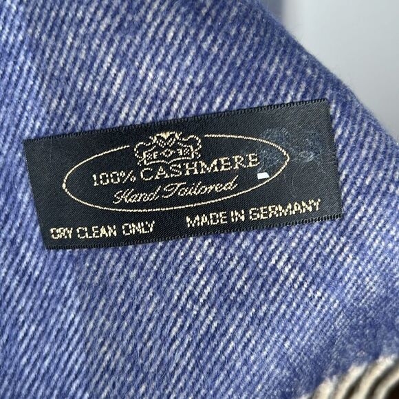 Cashmere Scarf Made in Germany Blue Cream Tan with Fringe - Picture 7 of 12